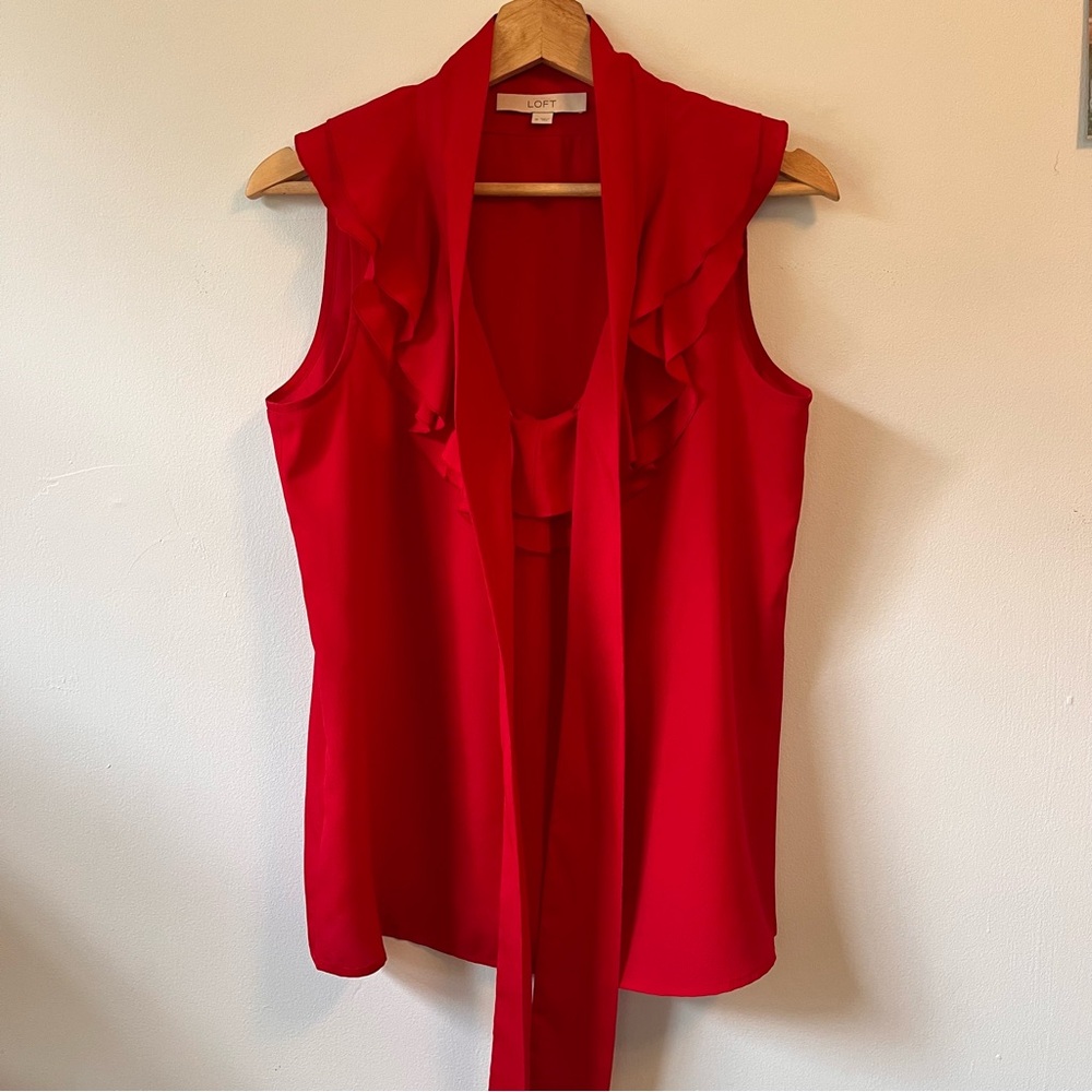 Ann Taylor LOFT Red Ruffle Tie Front Sleeveless Blouse, Size M - Picture 9 of 9